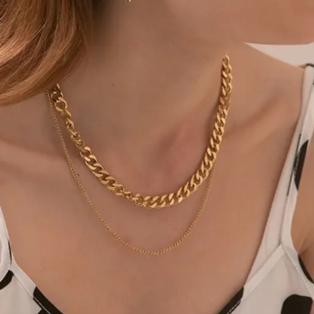 New 18k Gold Plated Chunky Double Layer Gold Chain Necklace